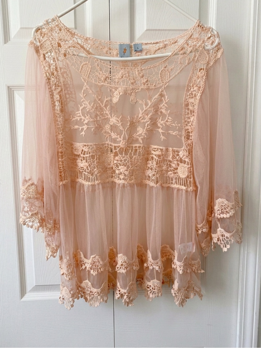 Pink Melo NWOT Blush Pink Embroidered Crochet Lace Sheer Boho Bell Sleeve Top L
